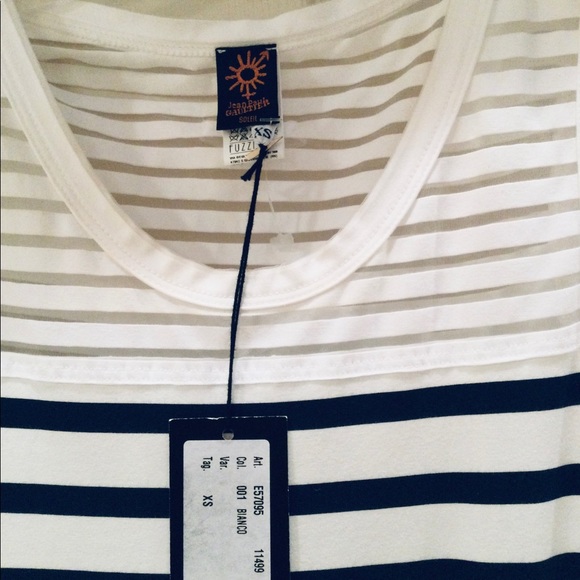 JEAN PAUL GAULTIER NAVY/WHITE STRIPE HANDKERCHIEF HEM DRESS SEMI SHEER SIZE XS - Picture 5 of 7